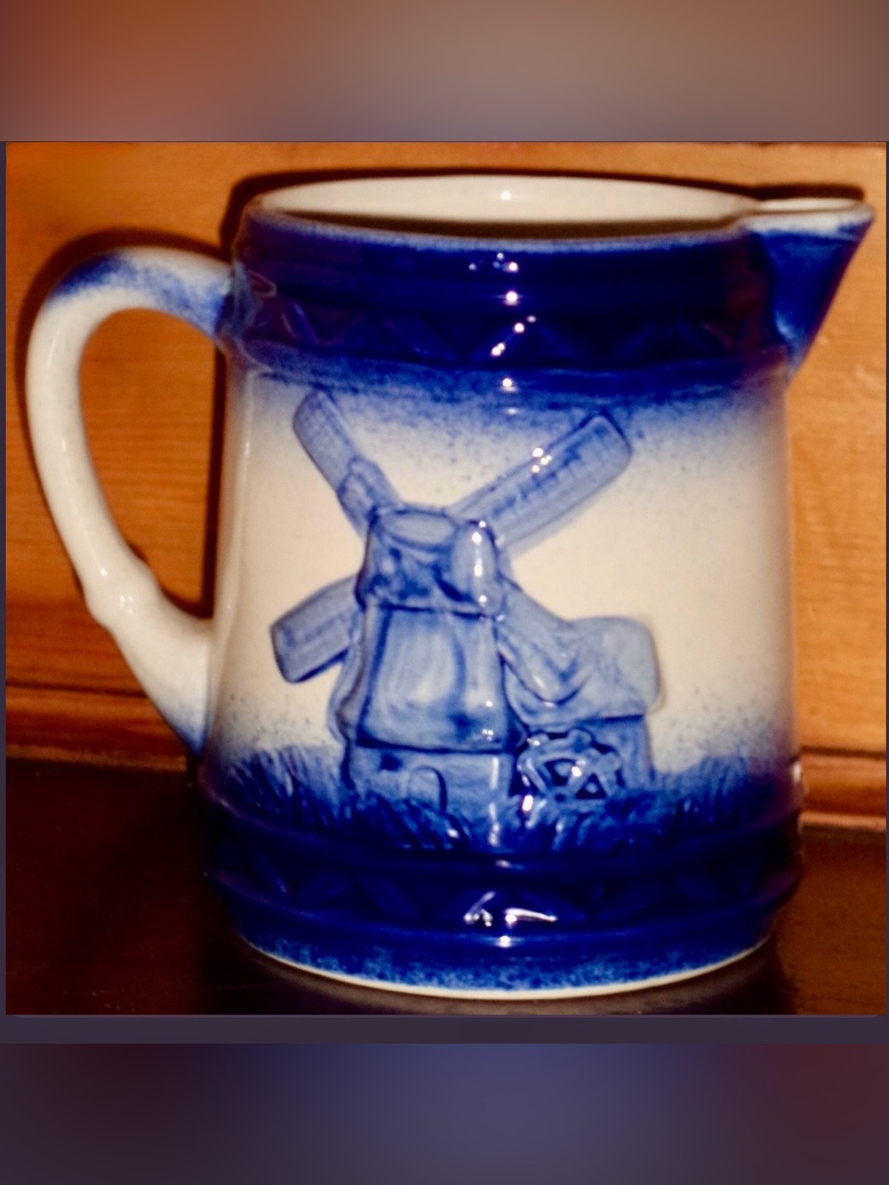 VTG DUTCH WiNDMILL Blue & White Embossed PiTCHER MINT Pottery Kitchen Decor 6.5"